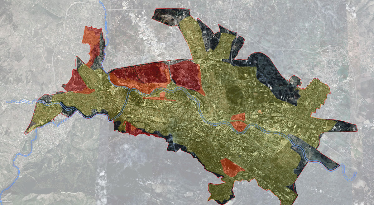 Сателитска снимка од Скопје, со исцртани граници